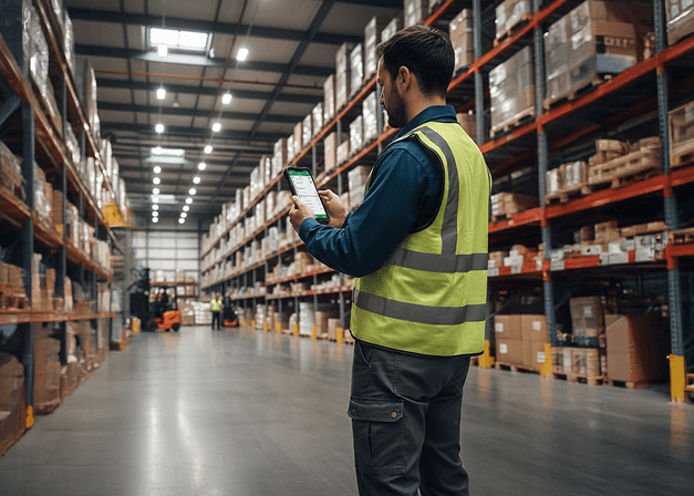 Worker in warehouse using app on mobile device