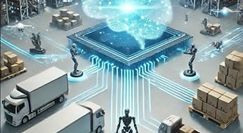 Making Sense of Edge Data: Illustration of chip and brain running supply chain