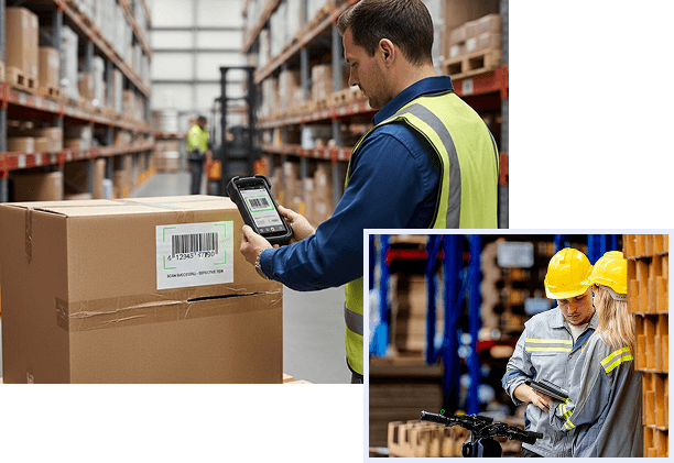 Workers using mobile devices in warehouses